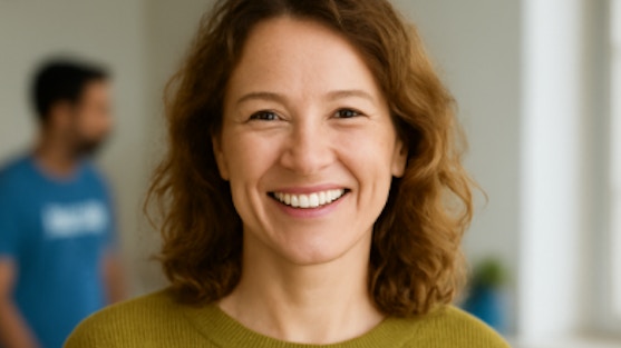 vrouw met glimlach, portret met op achtergrond een ruimte en persoon wazig in blauw shirt