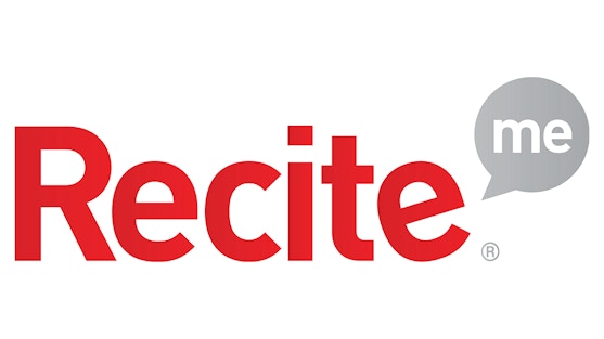 The word Recite in red font with the word me in a small grey speech bubble