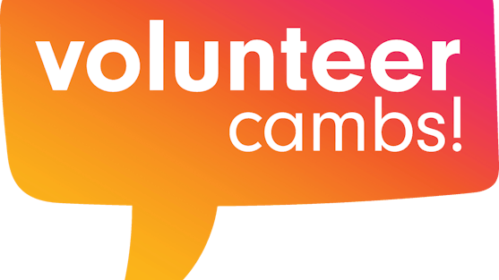 Volunteer Cambs logo. Yellow and pink speech bubble with the words 'volunteer cambs!' inside