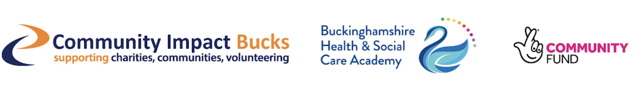 Logos for Community Impact Bucks, Bucks Health & Social Care Academy, and National Lottery Community Fund
