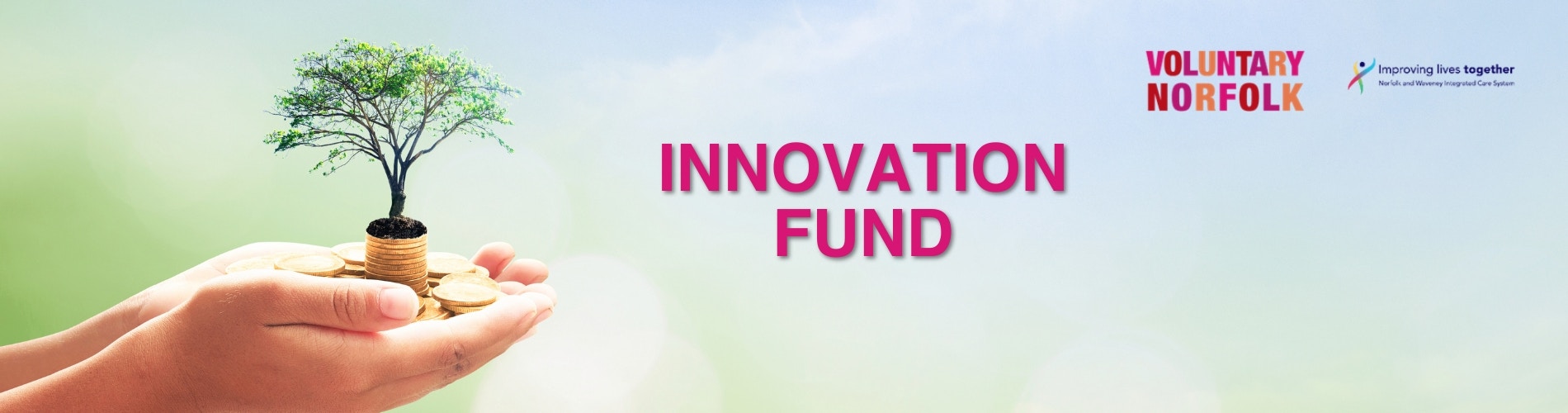 Hands holding coins and a small tree on top. 'Innovation Fund' is written in the middle. Voluntary Norfolk and Norfolk and Waveney Integrated Care System logos are in the top right corner