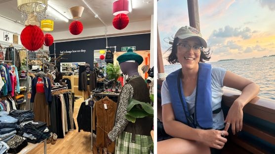 2 photos, left image shows a well stocked charity shop and the right image shows Sara-Jane wearing a cap, glasses and blue top. She is on a boat, and is smiling.
