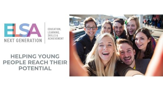 ELSA logo, tag line "Helping Young People Reach Their Potential" and an image of a group of white young people doing a selfie and smiling into the lens