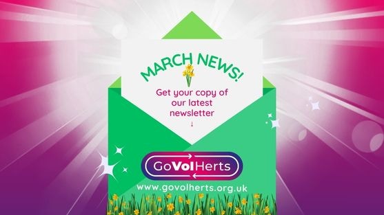 March News - Green envelope with a letter coming out the top with March News written on it, and the GoVolHerts logo on the envelope