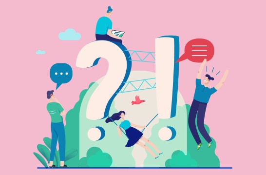 Illustration of people around large symbols of a question mark and exclamation mark