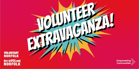 Graphic with a cartoon explosion with the words "volunteer extravaganza" at the centre 
