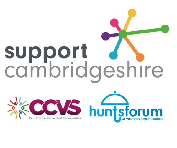 Support Cambridge logo with the CCVS and Hunts Forum logo underneath 