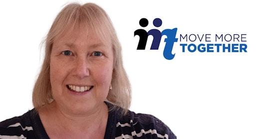 Photo of Lara next to the Move More Together logo