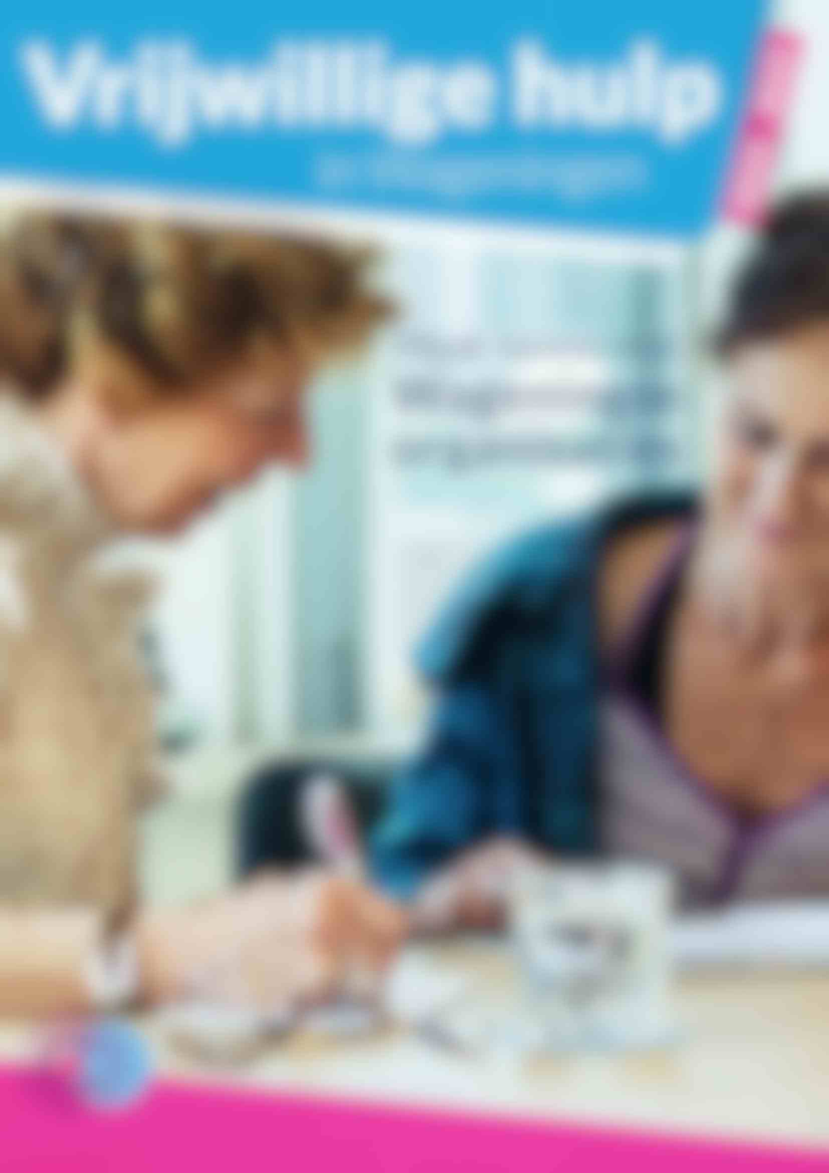 2 white female volunteers working together at a table. Written in Dutch you see: Volunteer help in Wageningen. Meet 56 Wageningen organizations